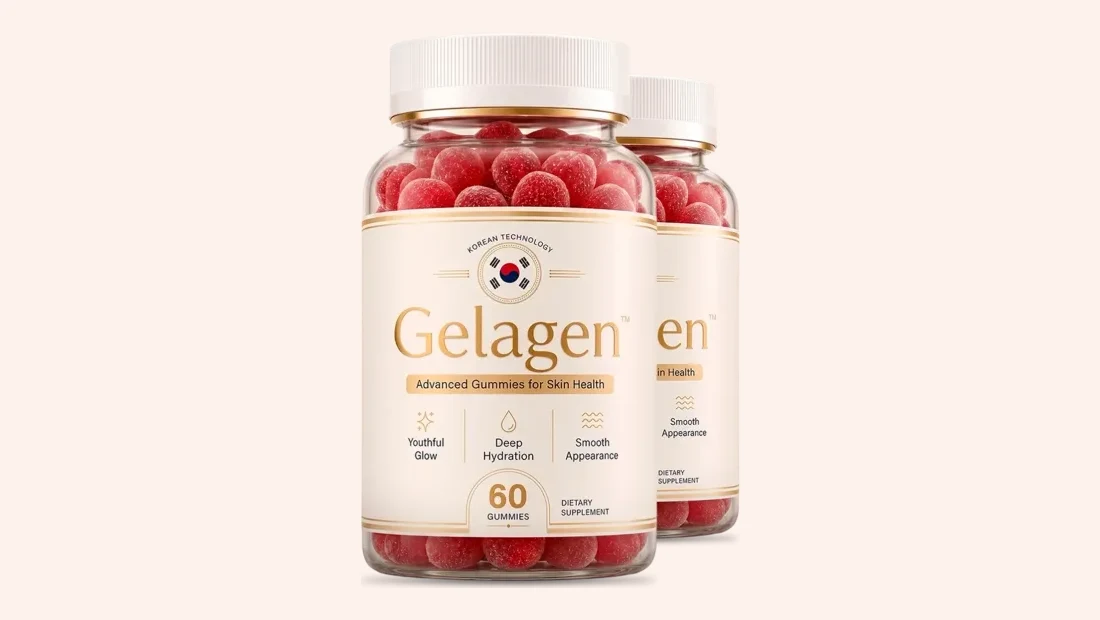 Two bottles of Gelagen Korean beauty gummies, front label showing the Korean
            technology mark with the flag and the 60-gummy count